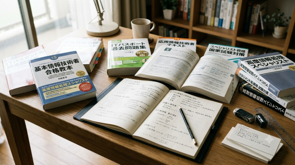 基本情報などの国家資格の参考書を机の上に開いて勉強している