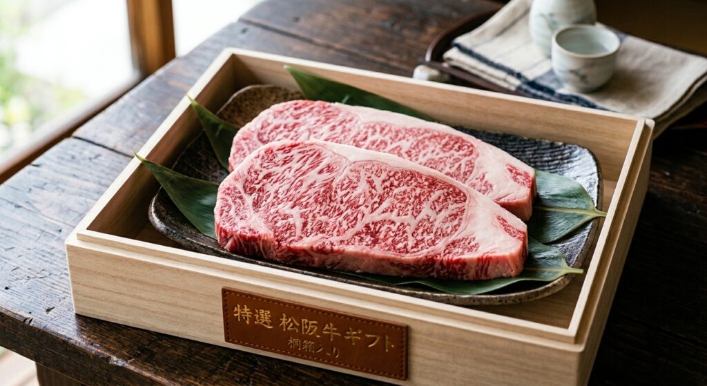 特選松阪牛専門店やまとの木箱に入った極上の霜降り厚切りステーキ肉ギフト