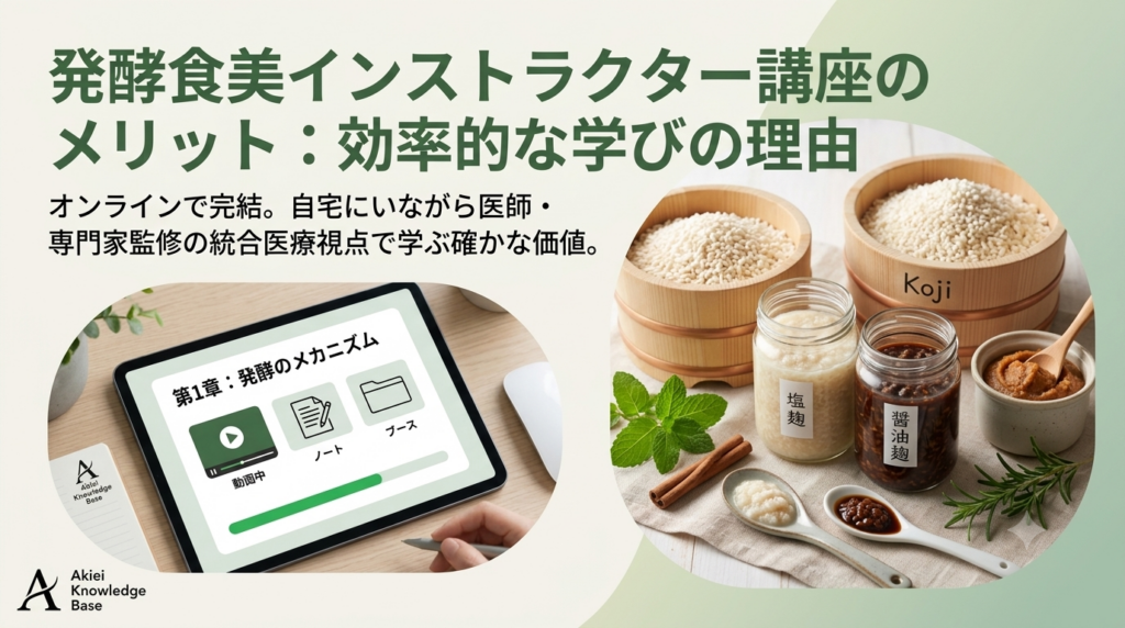 発酵食美インストラクター講座のメリットを解説するアイキャッチ画像。オンライン学習用のタブレットと、塩麹や醤油麹などの発酵調味料のイラスト。