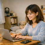 Microsoft 365のAI機能（Copilot）が、女性ユーザーに代わって複雑なビジネス資料（グラフ、文章、スライド）を自動的に生成し、彼女は笑顔でリラックスしながらその過程を見守っているイメージ図