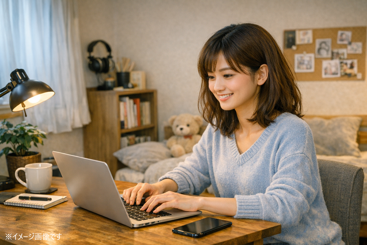 Microsoft 365のAI機能（Copilot）が、女性ユーザーに代わって複雑なビジネス資料（グラフ、文章、スライド）を自動的に生成し、彼女は笑顔でリラックスしながらその過程を見守っているイメージ図