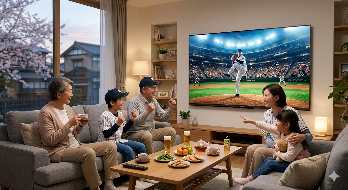 レグザTVで野球観戦している家族