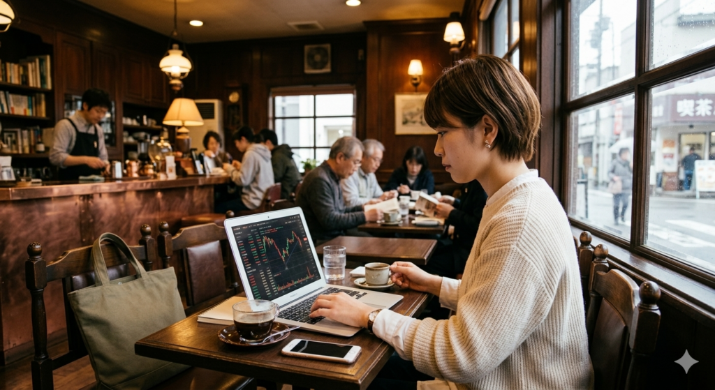 喫茶店でFXチャートを見ている女性