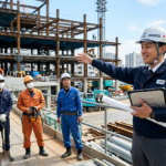 工事現場で施工管理者が指示をしている