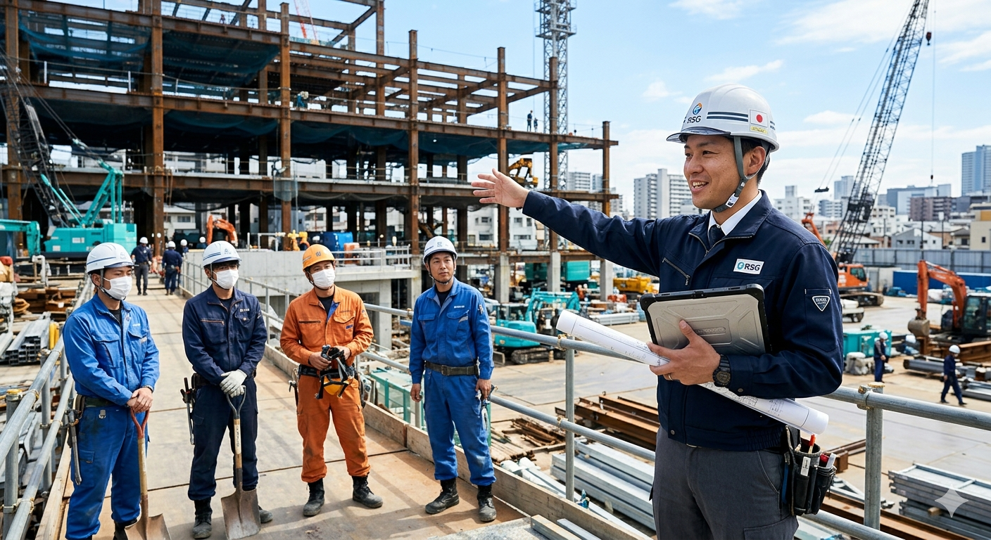工事現場で施工管理者が指示をしている