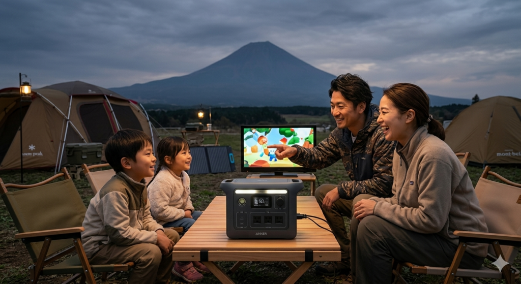 家族でキャンプに来て、ポータブル電源でテレビを見ている