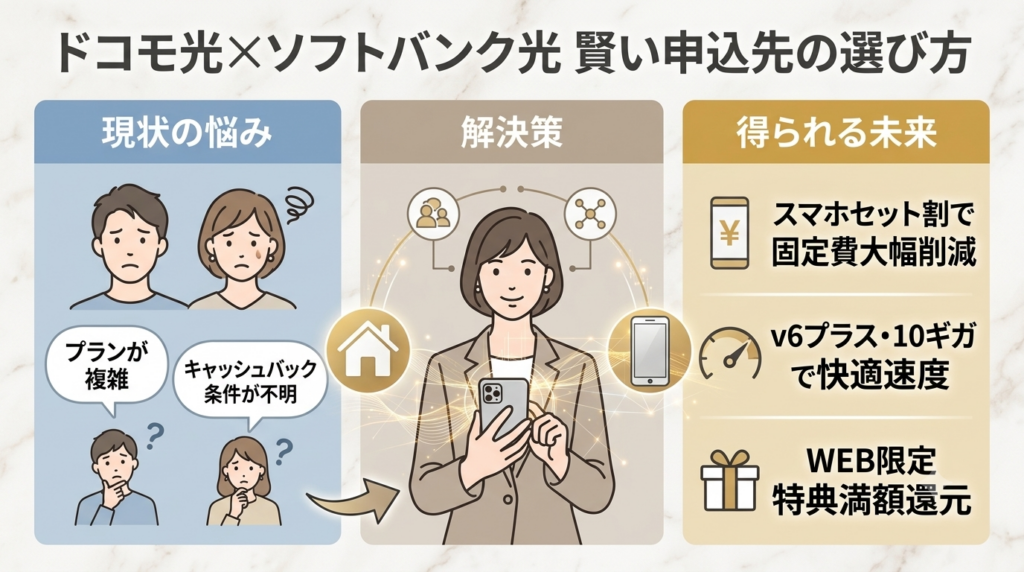 ドコモ光とソフトバンク光の賢い申込先の選び方を「現状の悩み」「解決策」「得られる未来」の3ステップで解説した図解。スマホセット割による固定費削減、v6プラス・10ギガの快適速度、WEB限定特典の満額還元というメリットをまとめています。