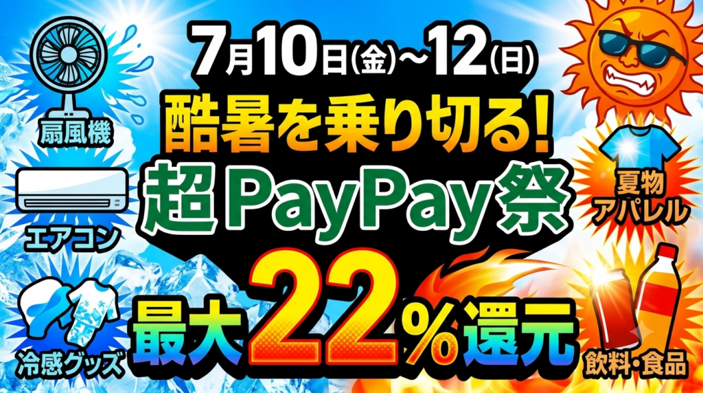 7月10日から12日開催、最大22%還元となる『超PayPay祭』のキャンペーン告知画像。酷暑対策の家電や飲料、夏物アパレルをお得に購入できる3日間を紹介