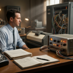 1960年代後半の通信研究室。手前にアナログ黒電話と資料、奥に巨大コンピュータとモデムが並ぶ、「声」から「情報」への転換期の風景。