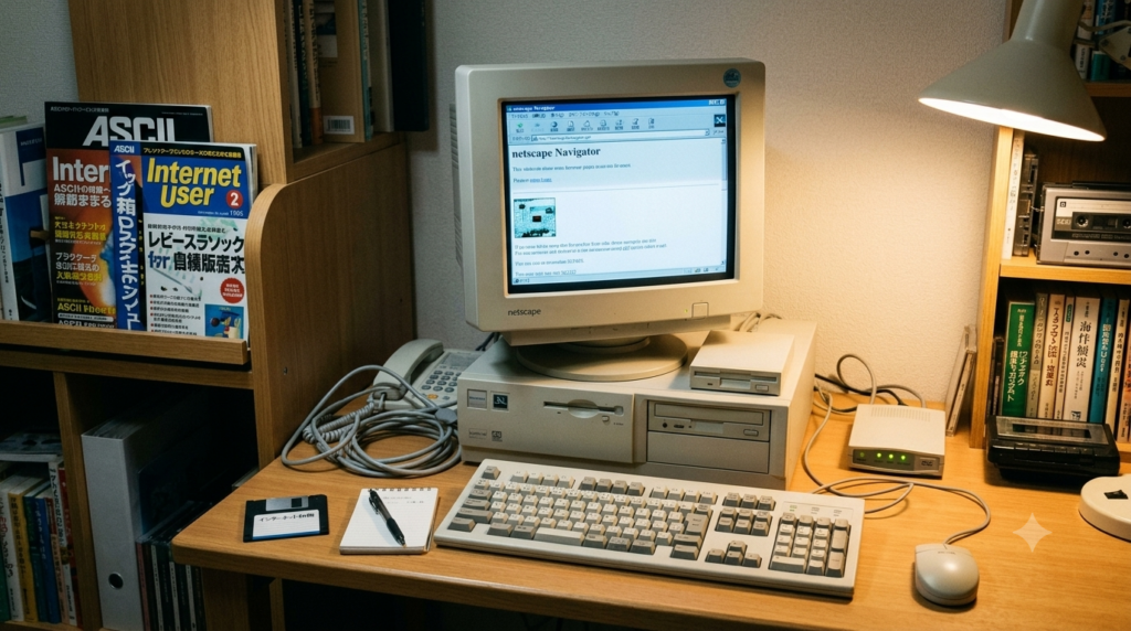 1990年代の日本の書斎。デスクトップPCのモニターに「Netscape Navigator」が表示され、デスクにはフロッピーディスクやモデムが置かれているリアルな風景。