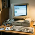 1990年代の日本の書斎。デスクトップPCのモニターに「Netscape Navigator」が表示され、デスクにはフロッピーディスクやモデムが置かれているリアルな風景。