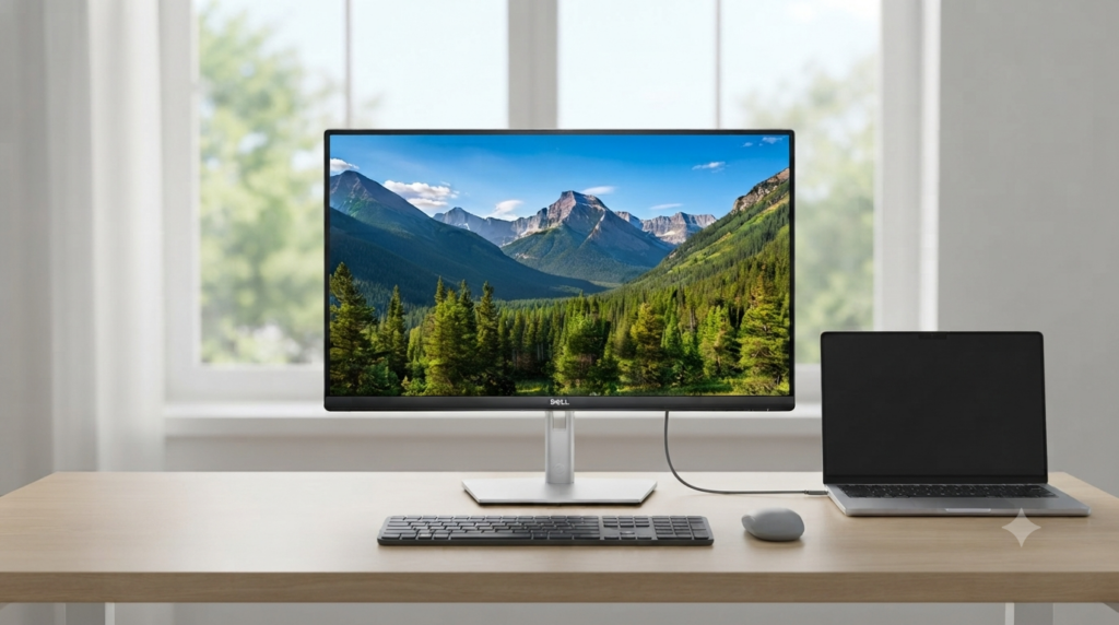 モニター、キーボード、マウス、およびノートPCが配置されたミニマルなデスク環境の製品写真。