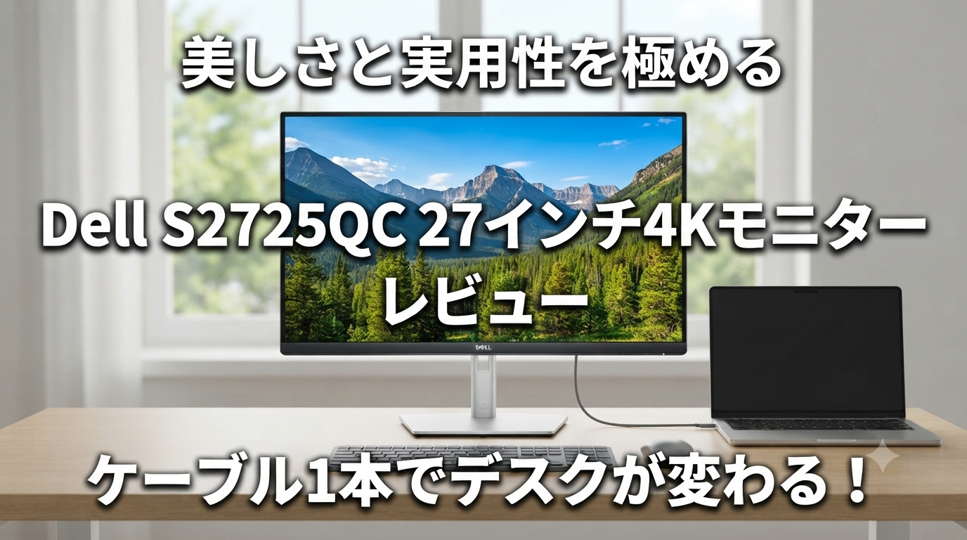 画面に「5QC 27インチ 4K」、デスク上に「ケーブル1本でデスクが変わる！」の文字が大きく重ねられ、高画質とUSB-C接続の利便性を強調している。ノートPC、キーボード、マウスが配置されたミニマルなデスク環境。