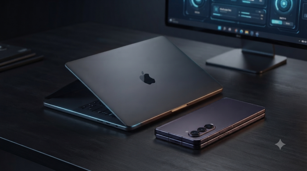 デスク上に置かれたノートPCの手前に、折りたたまれた状態のGalaxy Z Fold8が並べて配置されている様子