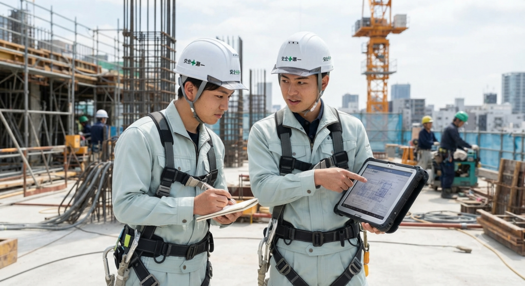 建設現場で、ヘルメットと作業服姿の若手社員2人がタブレットの図面を見ながら研修を受けている。1人が画面を指し示し、もう1人がメモを取っている。背景には鉄筋や足場があり、都市の風景が見える。
