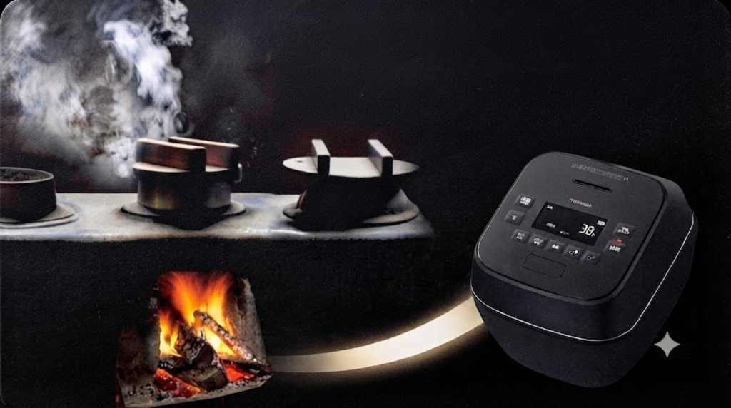東芝の真空圧力IHジャー炊飯器「RC-10SGA」（グランブラック）の斜め上からの製品カット。ノイズレスなデザインと操作パネルが確認できる。