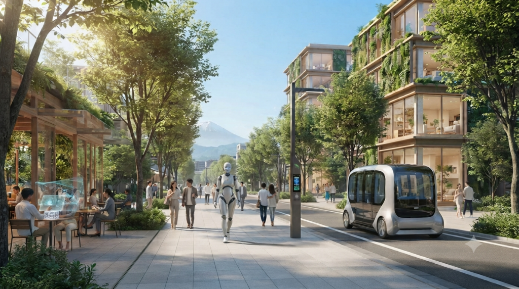 晴れた日の未来都市のメインストリート。緑豊かな木造建築が並び、人々がオープンカフェでタブレットを操作している。歩道脇では人型のロボットが、歩いている風景