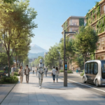 晴れた日の未来都市のメインストリート。緑豊かな木造建築が並び、人々がオープンカフェでタブレットを操作している。歩道脇では人型のロボットが、歩いている風景