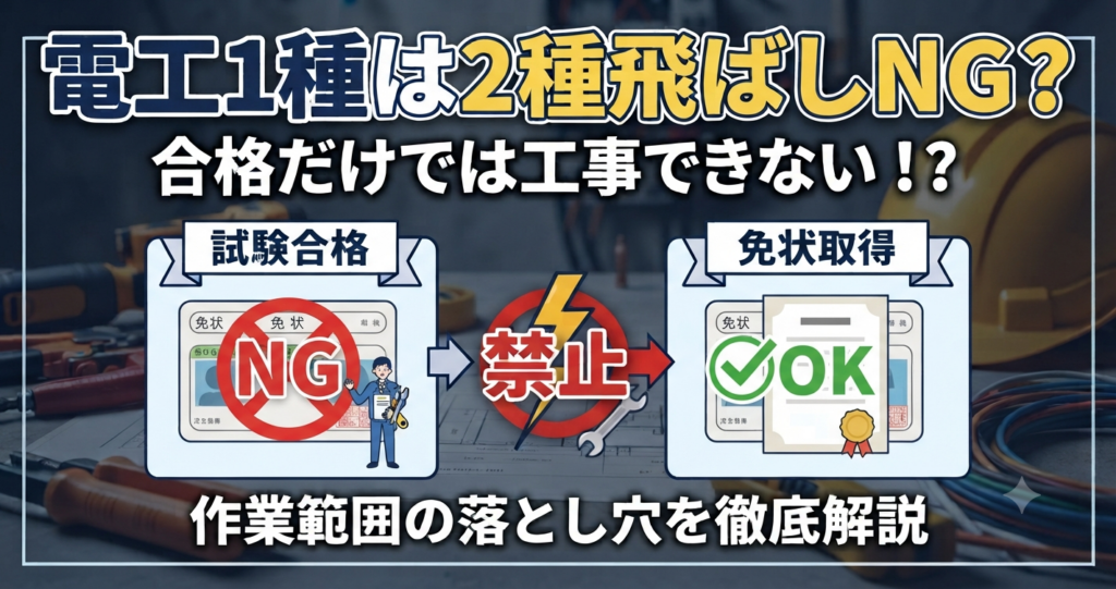 電工1種は2種飛ばしNG？と大きく書かれ、試験合格だけでは工事ができず免状取得が必要であることを図解した画像