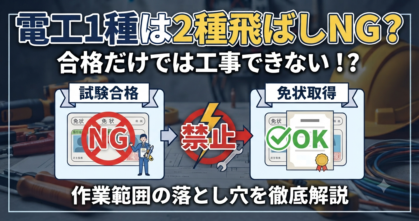 電工1種は2種飛ばしNG？と大きく書かれ、試験合格だけでは工事ができず免状取得が必要であることを図解した画像