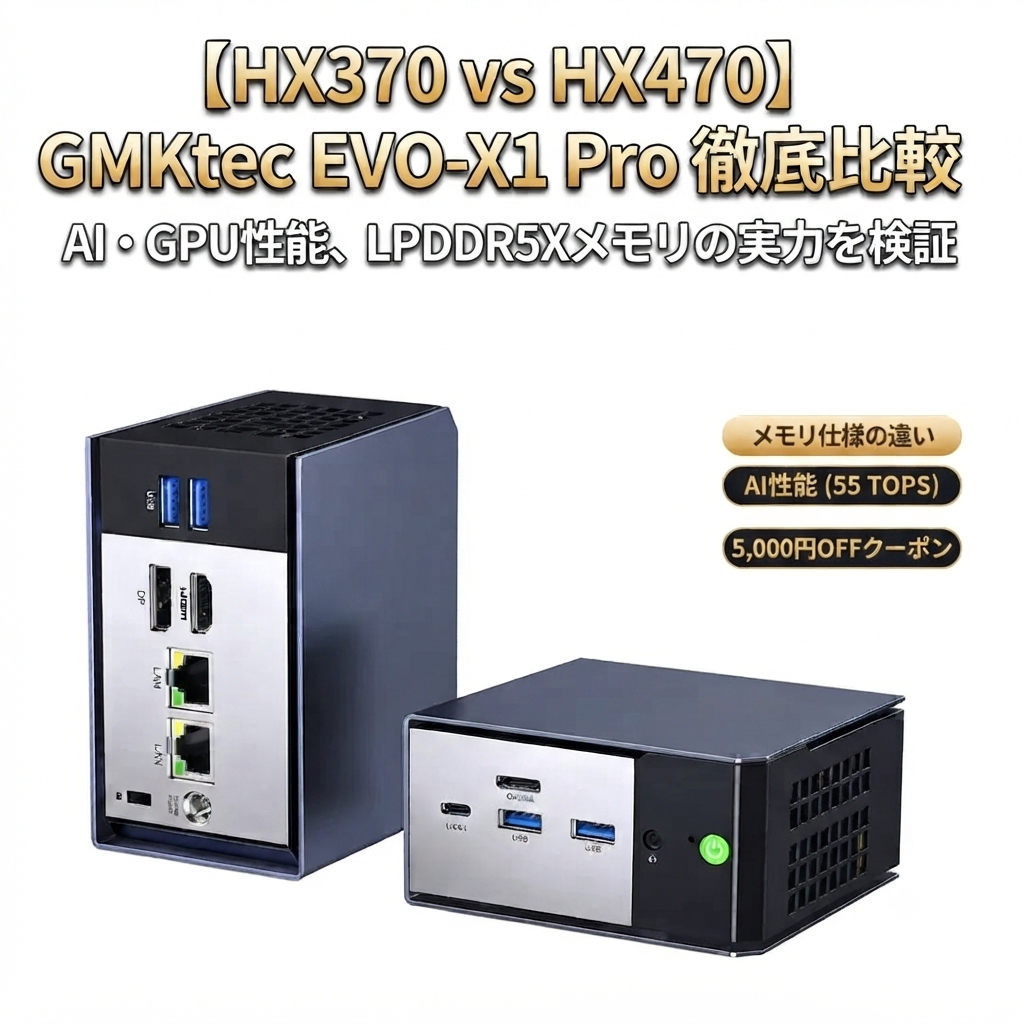 GMKtecのミニPC「EVO-X1（HX370）」と上位モデル「Pro（HX470）」を比較するアイキャッチ画像。製品の本体画像と「【HX370 vs HX470】GMKtec EVO-X1 Pro 徹底比較 AI・GPU性能、LPDDR5Xメモリの実力を検証」のテキストが記載されています。