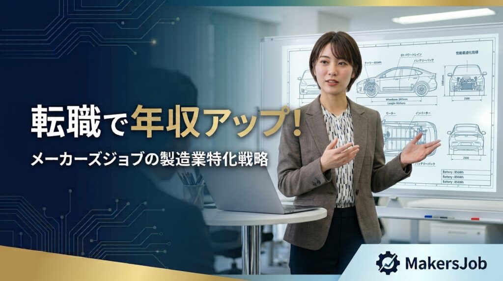 転職で年収アップ！メーカーズジョブの製造業特化戦略（自動車の設計図を背に説明する女性エンジニア）