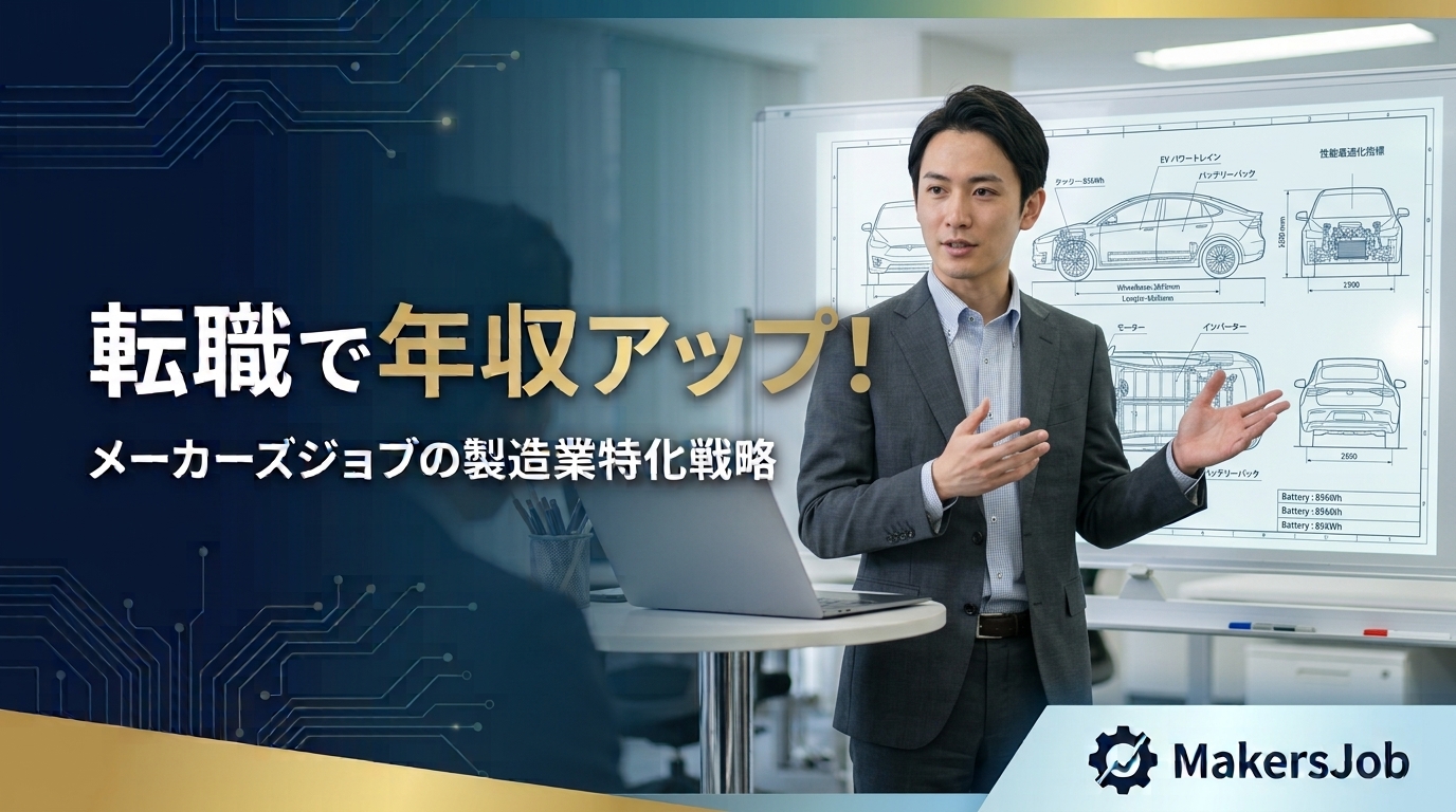 転職で年収アップ！メーカーズジョブの製造業特化戦略（自動車の設計図を背に説明する男性エンジニア）