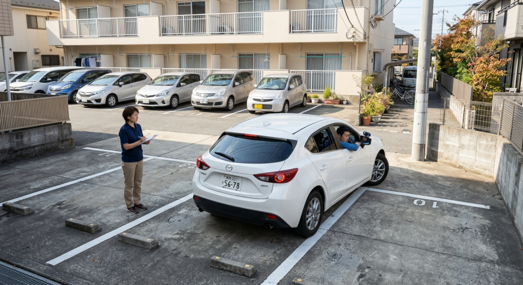 車の出張型ペーパードライバー講習で、講師が見守る中、受講者が住宅街の駐車場へバックで車庫入れを練習している様子