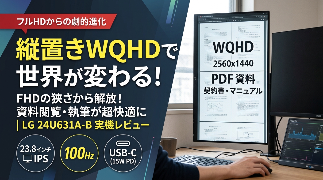 LG 24U631A-B モニター縦置きレビューアイキャッチ画像：FHDからの劇的進化、WQHD解像度でPDF資料や契約書閲覧、執筆が快適になることを訴求。100Hz、USB-C対応。