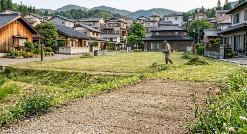 住宅地に近い空き地でHiKOKIのコードレス刈払機（CG36DC）を使って草刈りをする様子