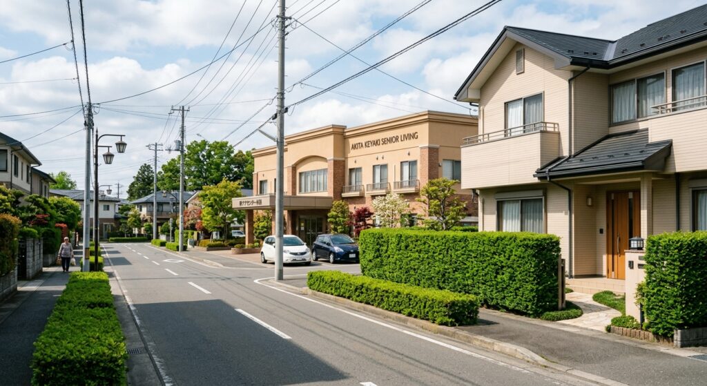 隣家や老人ホームなどの施設が近くにある住宅街の様子。植木バリカンの騒音に配慮が必要な環境を示す風景写真。