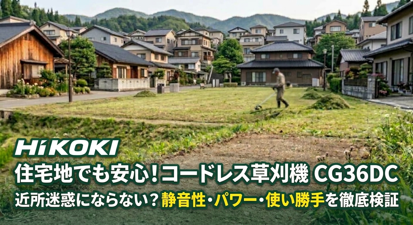住宅地でも安心！コードレス草刈機 CG36DCのアイキャッチ画像。住宅密集地で静かに作業する様子とテキストロゴ