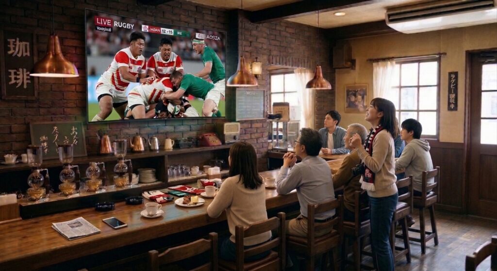 落ち着いた雰囲気のカフェでREGZA（レグザ）の大画面テレビを囲み、コーヒーを飲みながら笑顔でラグビー試合を観戦する人々