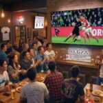 スポーツバーでREGZA（レグザ）の大画面テレビを囲み、ビールを飲みながら笑顔でラグビー日本代表戦を応援する大勢の観客