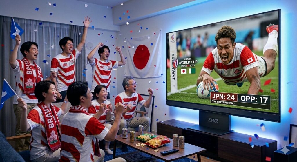大型テレビの前で、ラグビー日本代表のユニフォームを着て応援する6人の家族と友人たち。テレビ画面にはラグビーワールドカップの試合映像が映っている。