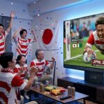 大型テレビの前で、ラグビー日本代表のユニフォームを着て応援する6人の家族と友人たち。テレビ画面にはラグビーワールドカップの試合映像が映っている。
