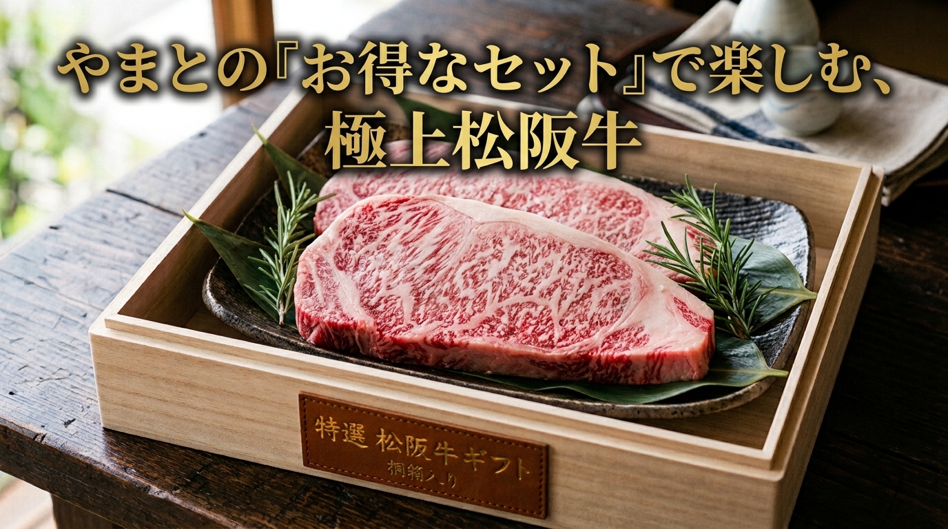 やまとの「お得なセット」で楽しむ極上松阪牛の木箱入りステーキギフトアイキャッチ